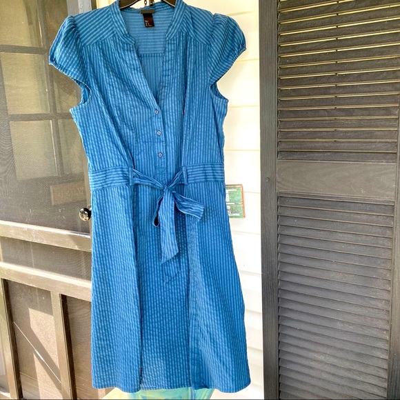 H&M Striped Denim Dress Cap Sleeves Tie Front